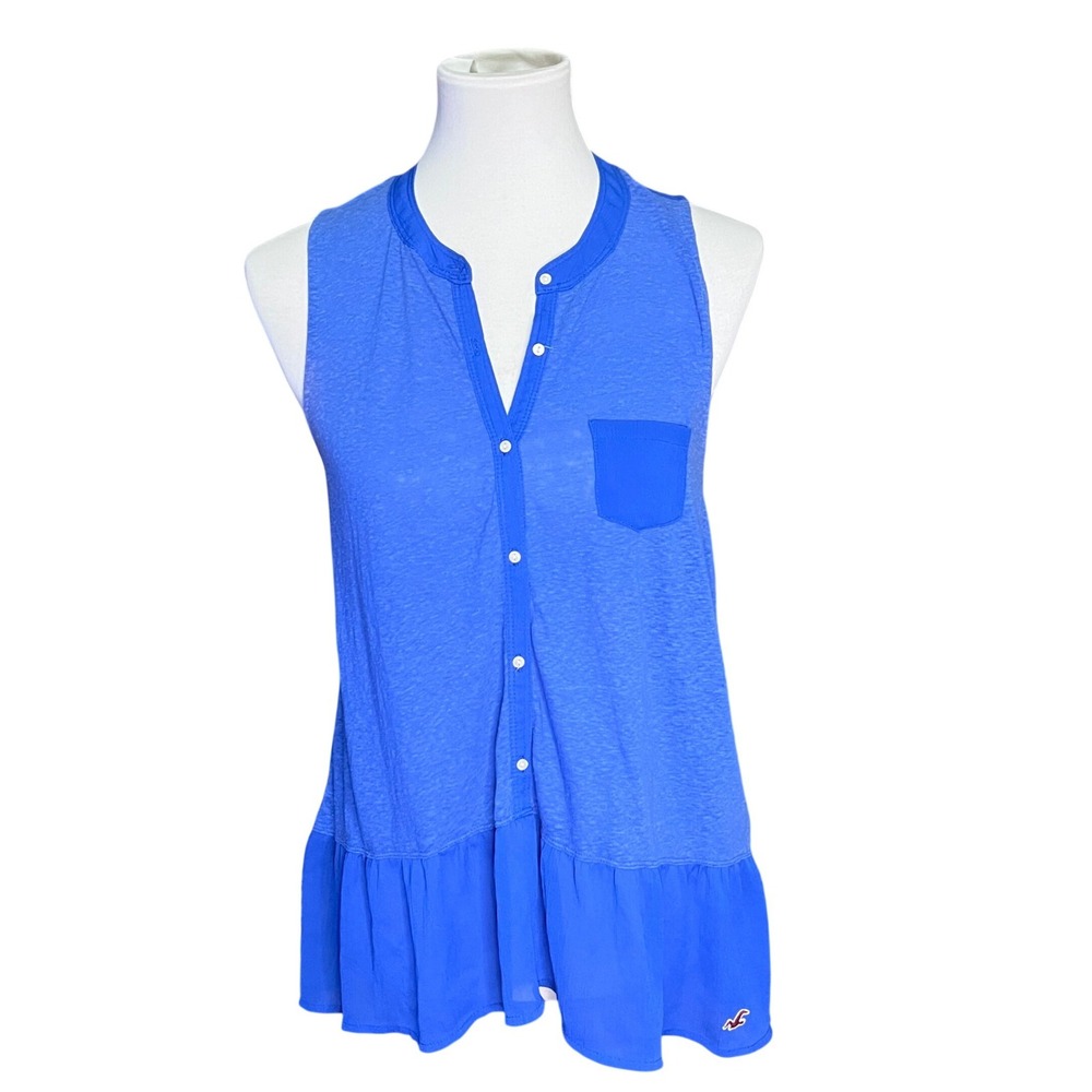 Hollister Womens Layering Blue Sleeveless Button Ruffle Hem Sheer Y2K Top Medium